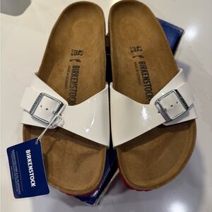 Birkenstock Madrid White Sandals with Red Soles and Silver Buckle NWT SZ 11